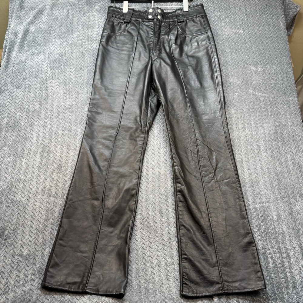 Vintage 70s 80s Leather Biker‎ Pants Lined Black Motorcycle Brooks USA 33x30